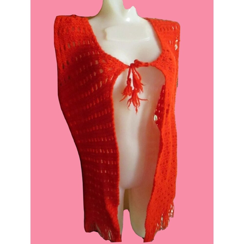 Vintage Medium Cape Sweater 1970s Orange Net Shawl Womens Mod Hippy Distress